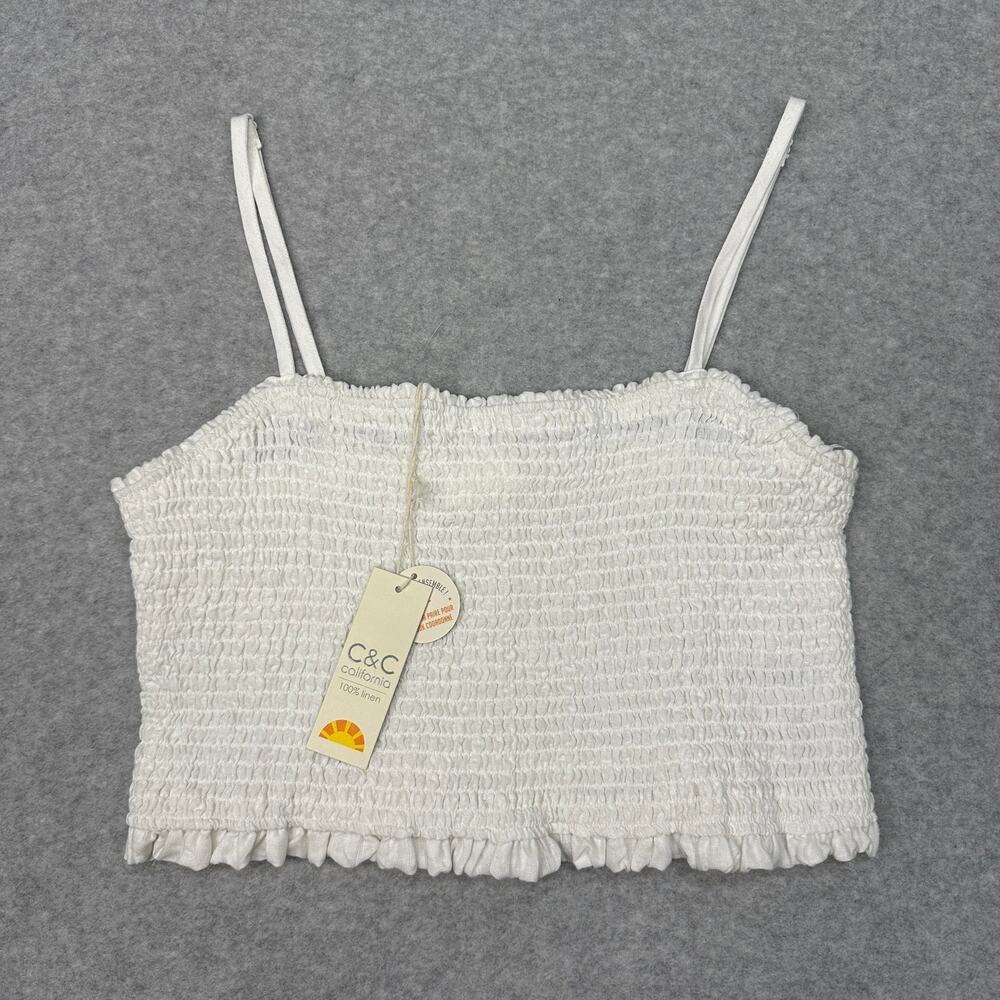 C&C California Smocked Crop Tank Top L White Linen Adjustable Straps Breathable